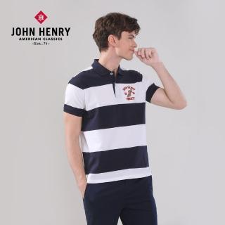 【JOHN HENRY】VARSITY刺繡橫條短袖POLO衫-藍色