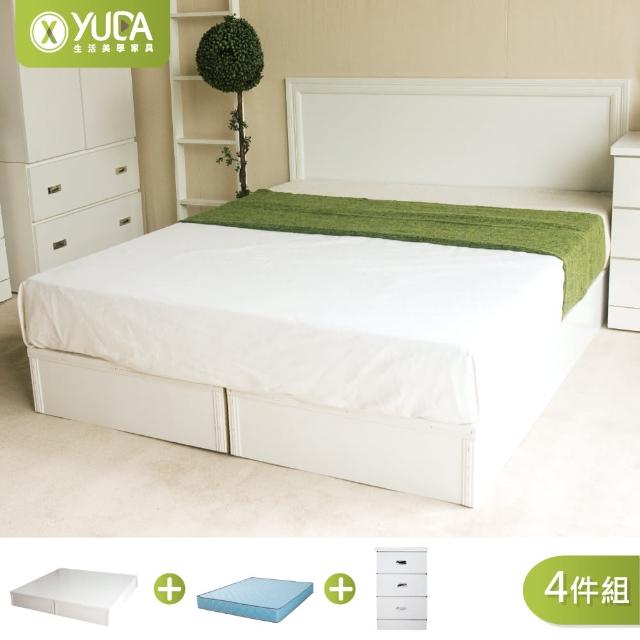 【YUDA 生活美學】純白色 房間組4件組 單人3.5尺 床頭片+加厚六分床底+獨立筒床墊+床頭櫃 床架組/床底組