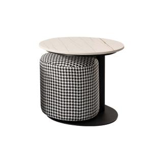 【BODEN】康絲坦1.3尺圓形岩板小茶几/邊几/邊桌-附千鳥格紋小椅凳