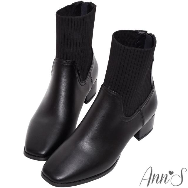 【Ann’S】舒適筒圍不壓迫腳踝-針織拼接真皮粗跟低跟短靴4cm(黑)
