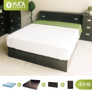 【YUDA 生活美學】房間組4件組 加大6尺 收納床頭箱+床底+床頭櫃+獨立筒床墊 床架組/床底組