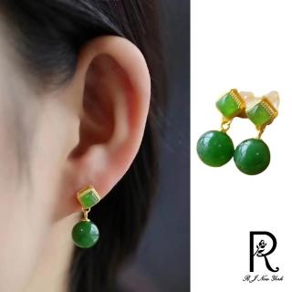 【RJ New York】青玉圓珠幾何中國風復古耳環(綠色)