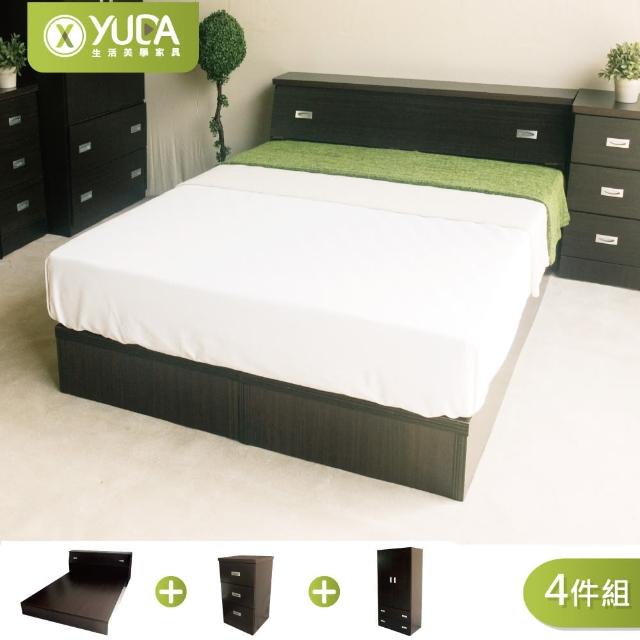 【YUDA 生活美學】房間組4件組 加大6尺  收納床頭箱+床底+床頭櫃+3x6衣櫃 床底組/床架組