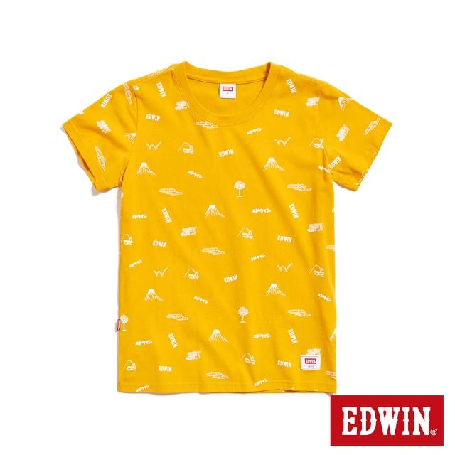 【EDWIN】女裝 滿版LOGO印花短袖T恤(黃色)