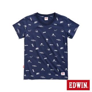 【EDWIN】女裝 滿版LOGO印花短袖T恤(丈青色)
