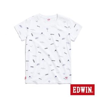 【EDWIN】女裝 滿版LOGO印花短袖T恤(米白色)