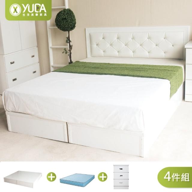 【YUDA 生活美學】黛曼特純白色 房間組4件組 雙人5尺  床頭片+加厚六分床底+床墊+床頭櫃  床架組/床底組