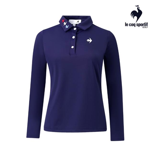 【LE COQ SPORTIF 公雞】高爾夫系列 女款深藍色立體印花POLO長袖棉衫 QLS2T112