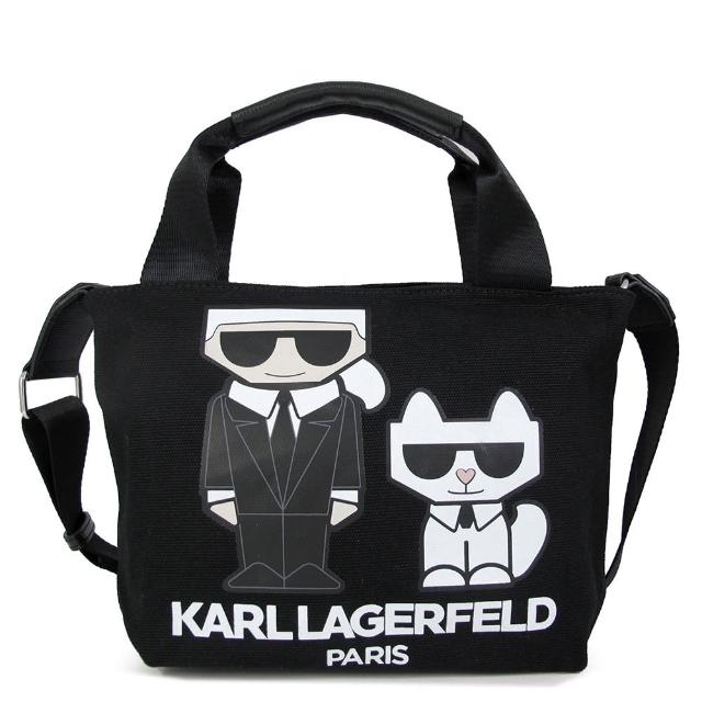 【KARL LAGERFELD 卡爾】卡爾貓圖案帆布手提x斜背包(黑色)