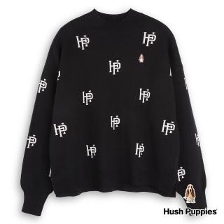 【Hush Puppies】女裝 線衫 HP滿版字母緹花針織長袖線衫(黑色 / 34213103)