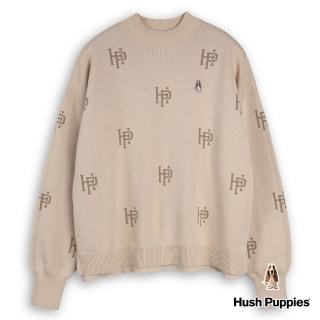 【Hush Puppies】女裝 線衫 HP滿版字母緹花針織長袖線衫(卡其 / 34213103)