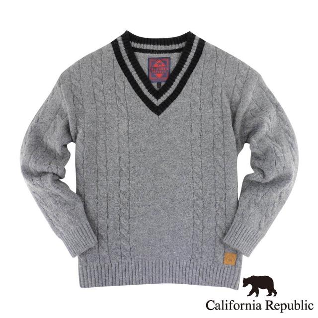 【California Republic】皮標小熊雙色V領麻花針織衫(女版)