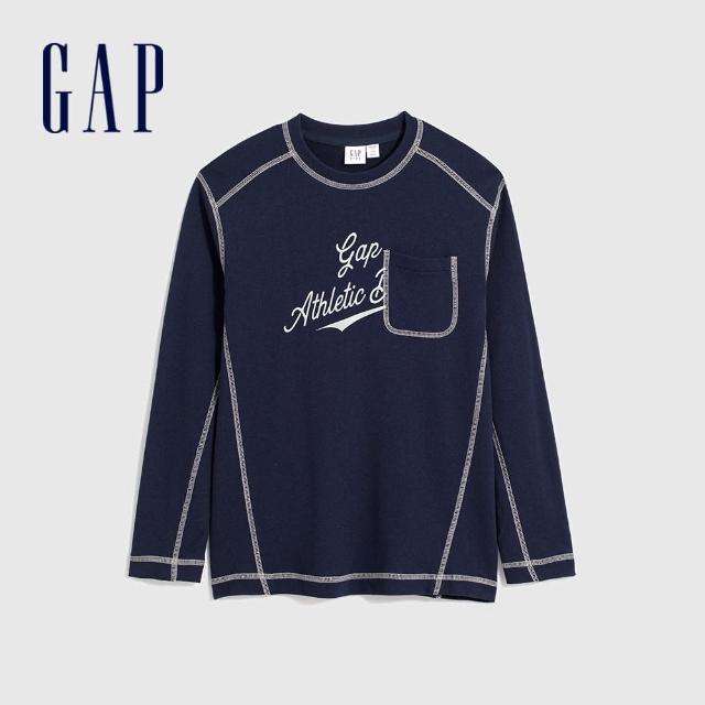 【GAP】男童裝 Logo印花圓領長袖T恤-海軍藍(889596)