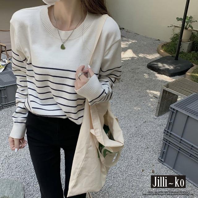 【JILLI-KO】條紋寬鬆針織衫女法式經典長袖T恤-F(黑/白)