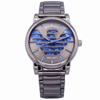 【EMPORIO ARMANI】ARMANI 老鷹展翅鏤空造型時尚機械鋼帶腕錶-黑+藍-AR60029