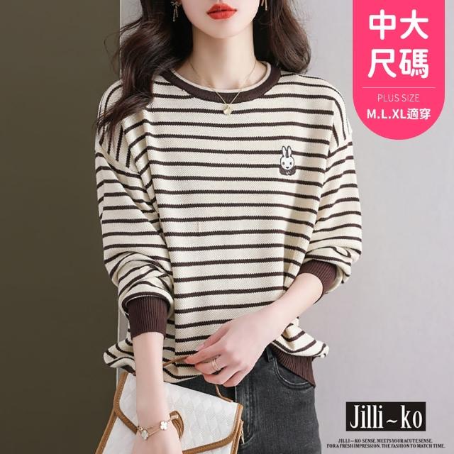 【JILLI-KO】條紋寬鬆針織衫女兔子圖案長袖T恤中大尺碼-F(黑/咖)