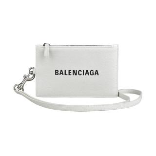 【Balenciaga 巴黎世家】BALENCIAGA 黑字LOGO牛皮拉鏈掛繩證件零錢包(白)