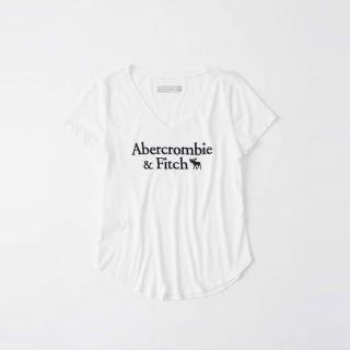 【Abercrombie & Fitch】A&F 麋鹿 經典V領刺繡文字大麋鹿短袖圖案T恤-女-白色(平輸品)