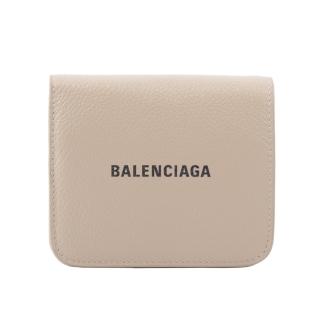 【Balenciaga 巴黎世家】經典Logo牛皮零錢袋壓釦短夾(米色)