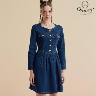 【OUWEY 歐薇】復古線條愛心排釦牛仔洋裝(深藍色；S-L；3233398732)