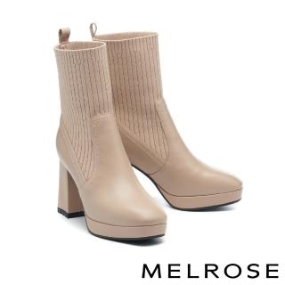 【MELROSE】美樂斯 率性牛皮拼接彈力飛織布方頭美型高跟短靴(米)