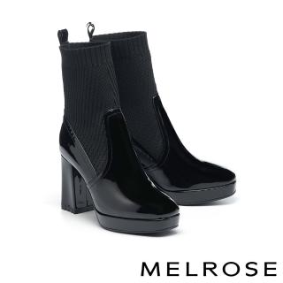 【MELROSE】美樂斯 率性牛漆皮拼接彈力螺旋飛織布方頭美型高跟短靴(黑)