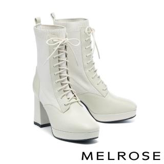 【MELROSE】美樂斯 時髦潮感綁帶飛織牛皮方頭美型高跟短靴(米白)