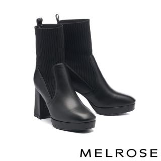 【MELROSE】美樂斯 率性牛皮拼接彈力飛織布方頭美型高跟短靴(黑)