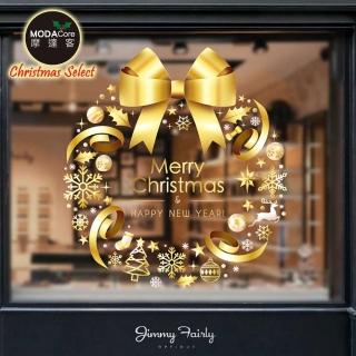 【摩達客】金色3號蝴蝶結雪花聖誕花圈-靜電玻璃貼