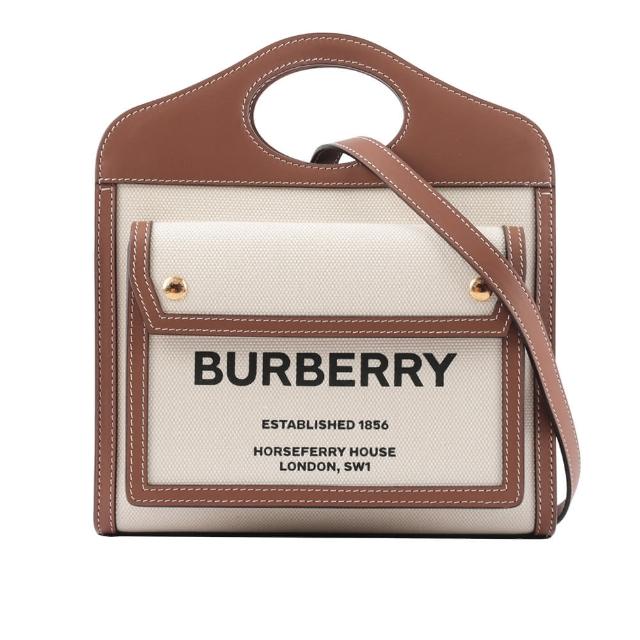 【BURBERRY 巴寶莉】帆布拼皮革手提/斜背口袋包_MINI(自然色/麥芽棕)
