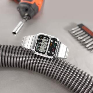【CASIO 卡西歐】卡西歐 復古方型 計時碼錶 電子數位 不鏽鋼手錶 黑銀色 33mm(A100WE-1A)