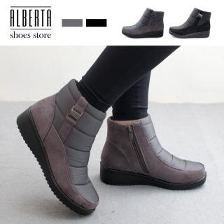 【Alberta】靴子-絨面拼接太空尼龍防潑水材質 內刷人造短毛絨 保暖側拉鍊短靴