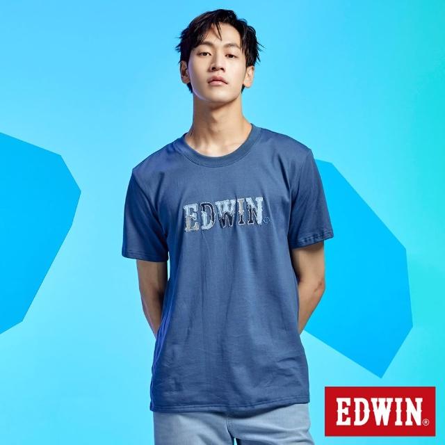 【EDWIN】男裝 拼布LOGO短袖T恤(灰藍色)