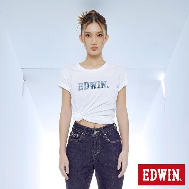 【EDWIN】女裝 拼布LOGO短袖T恤(白色)