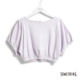 【SOMETHING】女裝 手繪LOGO印花鬆緊袖短版剪裁短袖T恤(粉紫色)