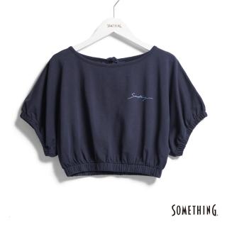 【SOMETHING】女裝 手繪LOGO印花鬆緊袖短版剪裁短袖T恤(丈青色)