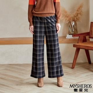 【MYSHEROS 蜜雪兒】造型長褲 鬆緊腰頭 時尚格紋 修身輕軟保暖寬褲(咖啡)