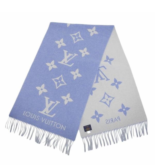 【Louis Vuitton 路易威登】M76076 Studdy Reykjavik 羊毛提花編織金屬飾釘流蘇圍巾(藍灰)