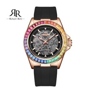 【RICHARD RICH】愛時 RR 海軍上將系列 玫金彩鑽圈縷空錶盤自動機械氟矽膠腕錶(鏤空機械錶)