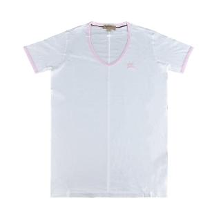 【BURBERRY 巴寶莉】BURBERRY標籤LOGO刺繡戰馬搭V領設計純棉短袖T恤(女款/白)