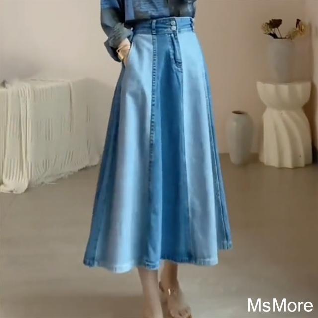 【MsMore】顯瘦後鬆緊高腰中長撞色牛仔裙#120364(藍)
