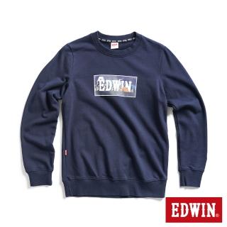 【EDWIN】女裝 露營系列 富士山營地BOX LOGO厚長袖T恤(丈青色)