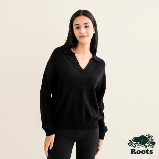 【Roots】Roots女裝-率性生活系列 POLO領毛衣(黑色)