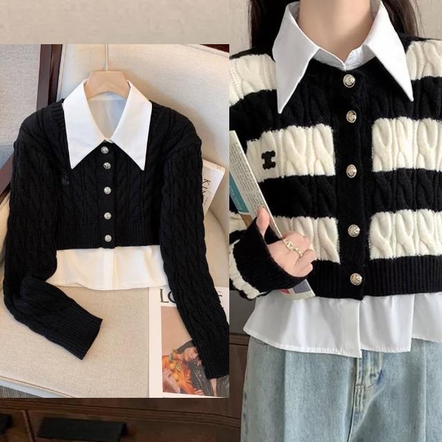 【buyer 白鵝】韓妞 皮標設計款假兩件式毛衣(黑色)