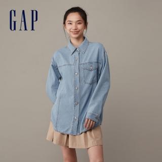 【GAP】女裝 純棉翻領長袖牛仔襯衫-淺藍色(841092)