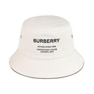 【BURBERRY 巴寶莉】BURBERRY刺繡黑字LOGO棉質拼接小羊皮飾邊漁夫帽(自然白)