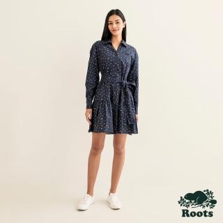 【Roots】Roots女裝-舒適生活系列 刺繡海狸LOGO有機棉拼接襯衫洋裝(軍藍色)