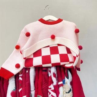 【橘魔法】俏皮可愛毛球格子針織毛衣(針織衫 長袖 線衫 聖誕節 耶誕 大紅 過年 新年 女童 童裝 兒童 保暖)