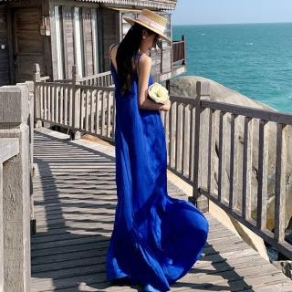 【Very Buy 非常勸敗】克萊因藍色沙灘裙夏吊帶性感露背顯瘦海邊度假超仙長款洋裝
