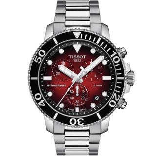【TISSOT 天梭】官方授權 Seastar 1000 海洋之星300米潛水三眼計時錶-紅/45mm(T1204171142100)